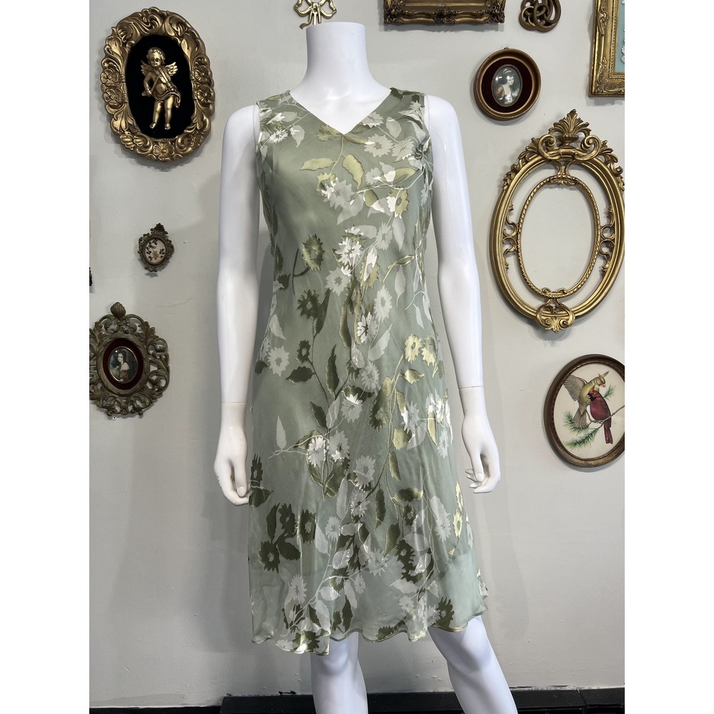 Vintage Casual Corner Annex Sage Green Silk Floral Print Midi Slip Dress Size 4P